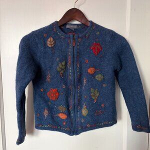 Vintage Northern Isles Zip Front Sweater Jacket Leaves Blue Size L